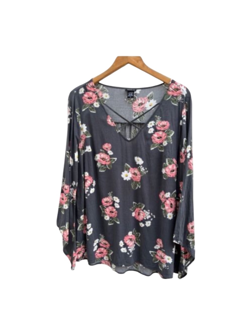 Torrid Gray Long Sleeve‎ V-Neck Floral Top with Pink Roses